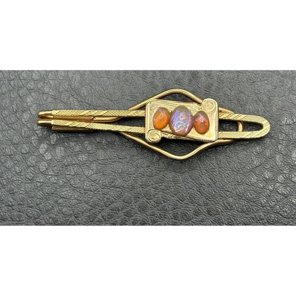 Vintage Dragon's Breath Cabochon Gold Plated Scroll Detail Tie Bar Clip Pin
